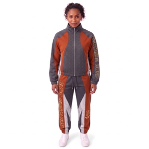 Conjunto deportivo azul marino para mujer, con paneles rojos y grises en forma de chevron, chaqueta con cremallera y pantalones elásticos, conjunto de 2 piezas para actividades al aire libre. - Product Image 3