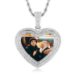 Silver Baguette Heart Pendant Lab Grown Diamond Custom Photo Bold <b>Memory</b> Pendant Necklace <b>Gift</b> - Product Image 1