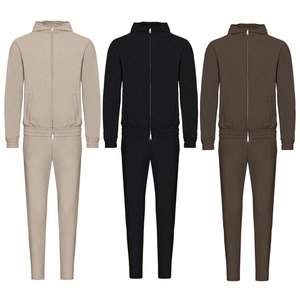 Ensemble de survêtement à capuche pour homme, couleur unie, fermeture éclair intégrale, décontracté, respirant, en polyester, coupe classique, poches latérales, pour l'automne - Product Image 1