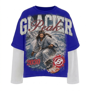 Camiseta de Doble Capa de Algodón Premium, Azul Grisáceo, Mangas con Paneles, Estampado Desgastado con Logotipo Cruzado, Camiseta Elegante de Doble Capa para Hombre - Product Image 4