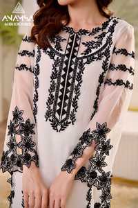 Lujoso conjunto de vestido informal de Fox Georgette semicosido bordado pesado diamante lentejuelas adornado Dupatta largo encaje decorado - Product Image 4