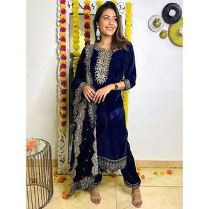 ผ้ากำมะหยี่ปักลาย zari เสื้อใส่ทำงานพาลาซโซพร้อมสีฟ้าดูแพตตา - Product Image 1