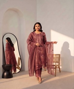 MODERN TWILL COTTON EMBROIDERY WORK <b>TOP</b> BOTTOM WITH DUPATTA FESTIVE WEAR WHOLESALE PRICE ETHNIC GARMENT MAROON - Product Image 1