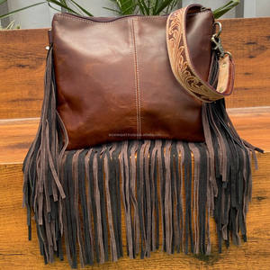 Usine directe dernière Collection usiné à la main en cuir de vachette femmes sac à main Double ombre frange bandoulière épaule sac de messager - Product Image 5