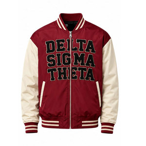 เสื้อแจ็คเก็ตบอมเบอร์ Delta Sigma Theta สีครีม แขนสีแดง พิมพ์ลายปี 1913 ด้านหลัง ซิปหน้า สไตล์ Preppy สำหรับผู้ชาย เสื้อแจ็คเก็ตสไตล์วิทยาลัย - Product Image 5