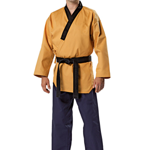 Uniforme de Taekwondo Premium Personalizado para Hombre, Top Dorado, Pantalones Azul Marino, Dobok, Traje de Entrenamiento de Artes Marciales, Venta al Por Mayor OEM - Product Image 1