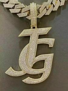 Collier de mariage personnalisé avec pendentif JG en moissanite blanche plaqué rhodium, style hip-hop - Product Image 3