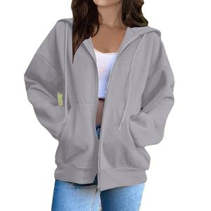 Sweat-shirts coréens à capuche en polaire unie pour femmes, à la mode, à manches longues, avec cordon de serrage, poches, fermeture éclair, coupe ample, noirs, personnalisables - Product Image 1