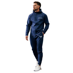 Mens Navy Blue Full <b>Zip</b> <b>Hooded</b> Tracksuit Set Windproof Breathable Fleece 2 1 Design Athletic Sportswear Training Workout - Product Image 1
