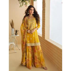 NUEVO LANZAMIENTO: Conjunto Salwar Kameez Étnico de 3 Piezas con Pantalón y Dupatta, en Seda Chinon Pesada, para Fiestas Tradicionales - Product Image 1