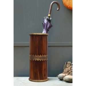 Hand-Carved <b>Chocolate</b> Color Sheesham Wood Umbrella Stand with Brass Inlay-Classic Style Freestanding Home Decor-Wholesale - Product Image 1