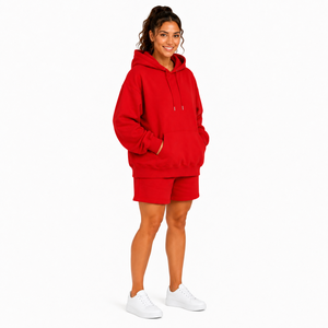 Women's Red Hooded Sweatshirt Shorts <b>Set</b> Cotton Fleece Loose Fit Drawstring Pocket Casual Anti-Shrink Customizable Sports - Product Image 3