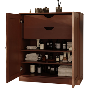Premium Quality Teak Wood Towel Storage Rack Double Door <b>Bathroom</b> Cupboard for Residential Wholesale - Product Image 2