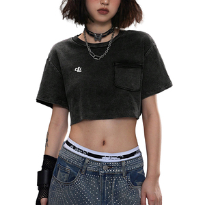 T-shirt court en jersey de coton avec logo personnalisé imprimé, 100 % coton, style vintage, uni, été, effet délavé, appliqués - Product Image 1