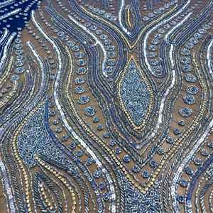 Tela de encaje con cuentas personalizadas, intrincada tela de tul bordada con lentejuelas azules para vestidos de gala, confección de alta costura - Product Image 1