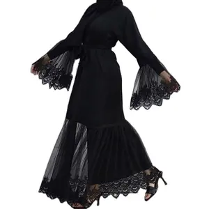 ดูไบรุ่นใหม่ abaya 2024 Crepeเสื้อผ้าอิสลามเย็บปักถักร้อยด้านหน้าเปิด abayas ดูไบที่กําหนดเองสีดํา abaya เย็บปักถักร้อยแขน