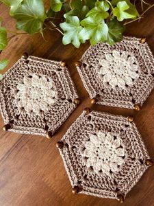 Geometric Flower Shaped Hex Coaster Crochet Beige Brown Bead Premium Yarn Heat Resistant Cup Mat Boho Rustic <b>Kitchen</b> Essential - Product Image 2