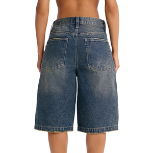 Shorts Bermuda en jean délavé vintage pour femme, coupe ample, bleu, en coton, style streetwear décontracté, respirant, séchage rapide, bords effilochés, taille moyenne - Product Image 2