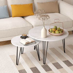 Set di 2 tavolini circolari impilabili da 70 cm con base in metallo robusta e piano in marmo, elegante tavolino da caffè con design a incastro - Product Image 1