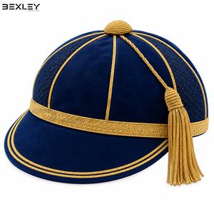 Gorro de Terciopelo Azul Rey Texturizado de Alta Calidad con Ribete de Trenza Dorada y Borla, Clásico para Presentaciones de Equipos Deportivos Universitarios - Product Image 3