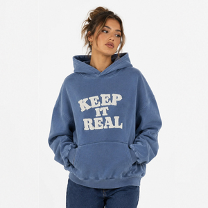 Sudadera con capucha de hombros caídos para mujer, estilo vintage lavado, de manga larga, forro polar de invierno, bordada, tipo jersey - Product Image 1