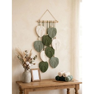 Décoration murale en macramé bohème pour salon, motif de feuillage vert et blanc en forme de feuille - Product Image 5