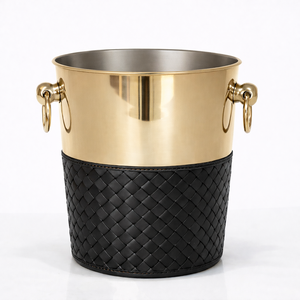 Cubo de Hielo para Vino de Acero Inoxidable Dorado de Primera Calidad, Clásico y Duradero, de 3 Litros, con Asas Decorativas en Forma de Anillo y Funda de Cuero Negro - Product Image 1
