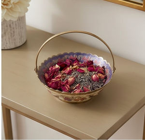 Bol de service vintage en métal émaillé fait main avec poignée, motif floral, décoration traditionnelle chinoise - Product Image 2
