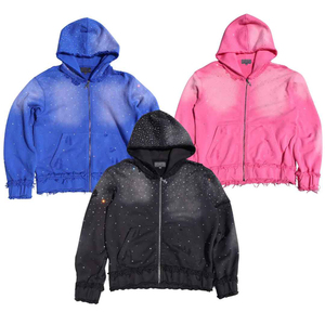 Sweat à capuche zippé personnalisé effet délavé, ourlet vieilli, streetwear, broderie strass, coupe classique, 100% coton molletonné, écologique, OEM - Product Image 6