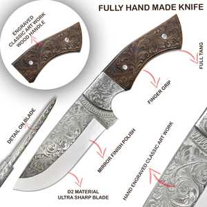 Cuchillo de Caza Personalizado Hecho a Mano con Acero D2, Grabado a Mano, Empuñadura de Madera con Bolster Grabado, Hoja de 6-7.9 Pulgadas, Cuchillo Multiusos para Exteriores - Product Image 3