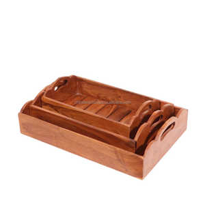 Juego de bandejas para servir de madera de acacia, mango y sheesham hechas a mano, bandejas decorativas de lujo con asas para comedor, café y decoración del hogar - Product Image 5