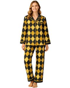 Ensemble de pyjama pour femmes personnalisé noir et jaune à motif Argyle, manches longues, boutonné, vêtements de nuit en coton doux, ensemble de détente deux pièces - Product Image 1