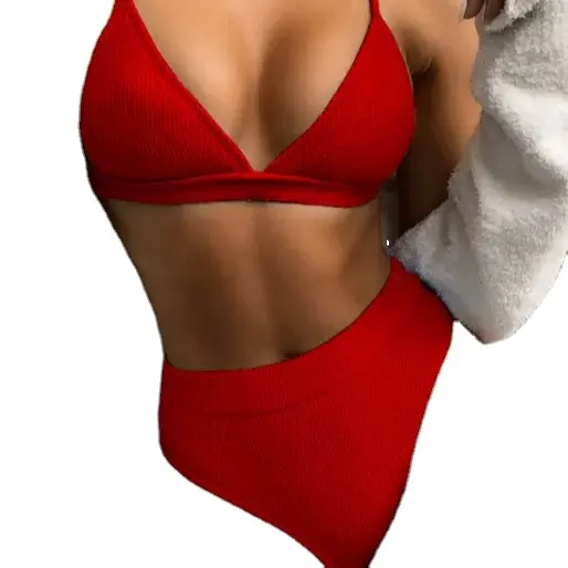 Yeni Premium özel Logo tasarımcı kadınlar nervürlü Bikini seti düz renk seksi üçgen iki parçalı mayo