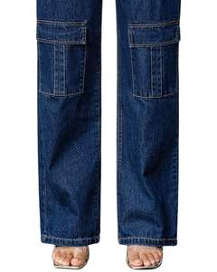 Vaqueros Cargo de Mezclilla Azul Oscuro Personalizados de Cintura Alta y Pierna Ancha con Múltiples Bolsillos de Parche, Estilo Urbano, Pantalones Casuales Holgados para Mujer - Product Image 3