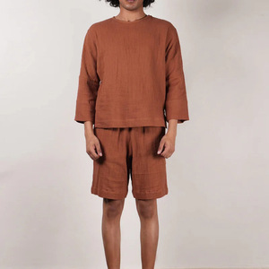 Ensemble chemise et short en tricot uni pour homme, couleur rouille, décontracté, pour l'été - Product Image 1
