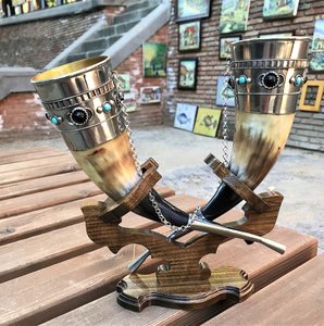 Viking Horn Beer <b>Mugs</b> With Wooden Stand And Decorative Sword Holder Floral Pattern Gold Plated Vintage Style For Party Adult Use - Product Image 1
