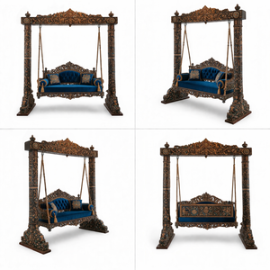 Columpio de estilo palaciego de prestigio para decoración del hogar, columpio real de madera de teca tallada a mano, color marrón oscuro, Jhula con cojín de terciopelo azul intenso, Reino Unido - Product Image 2