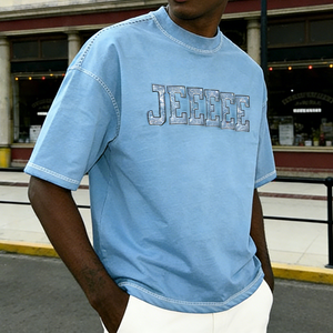 เสื้อยืดคอกลมโอเวอร์ไซส์ทรงบ็อกซี่ผ้าคอตตอนหนานุ่มประดับคริสตัลสำหรับผู้ชาย สไตล์สตรีทแวร์แบบสั่งทำพิเศษ - Product Image 1