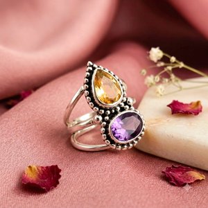 Anillo de Amatista y Citrino: Plata de Ley 925, Joyería Artesanal con Piedras de Nacimiento Dobles - Product Image 5