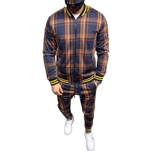 New Arrival Men's Check Print Sublimated Bomber <b>Jacket</b> Track Suit Zip Enclosure Ribbed Hem & Cuffs Striped Zipper Sweat Suit - Product Image 1