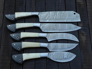 Custom Handmade Five-Piece Chef <b>Set</b> in Damascus Steel Bone+Horn Handles Durable <b>Sharp</b> <b>Knives</b> Ambidextrous Design Leather Roll - Product Image 3