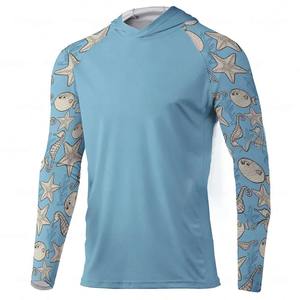 Men's Light Blue Long Sleeve Hooded Fishing Shirt Quick Dry UPF 50 Sun Protection Pullover <b>Top</b> Solid Color Adult Size - Product Image 3