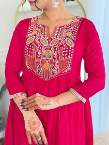 Women's <b>Red</b> Vichitra Silk Embroidered <b>Flared</b> Kurta with Rayon Pant And Chinon Embroidered Dupatta Sets - Product Image 4