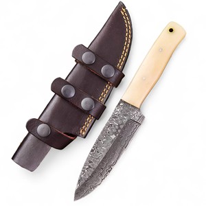 Couteau de chasse et de camping multifonctionnel à lame fixe en acier de Damas à motif goutte de pluie, manche en os de chameau, étui en cuir - Product Image 1