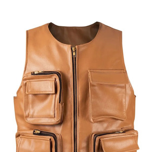 Orignal <b>Leather</b> <b>Vest</b> O-Neck Hot Selling Zipper Closure Multiple Pockets Casual Outer Wear Autumn Season - Product Image 2