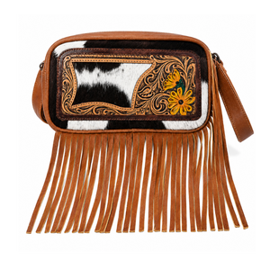 Bolso bandolera de cuero de vaca con flecos, hecho a mano, estilo western, con adornos florales, para mujer, para viajes y uso diario. - Product Image 1
