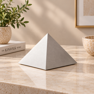 Pyramid Cremation Urn Silver Metal <b>Memorial</b> Vessel with Distinctive Four Sided <b>Form</b> and Covered Design for Ash Storage - Product Image 1