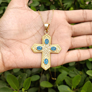 Luxury style oval cut sky blue chalcedony religious jewelry necklace brass gold plated filigree design <b>cross</b> pendant necklace - Product Image 4