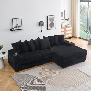 Divano Reclinabile in Velluto a Coste Nero da 283 cm con Portabicchieri, Bracciolo Sinistro/Destro Convertibile per Soggiorno, Funzione Contenitore Inclusa - Product Image 1