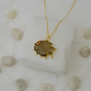 Smoky Quartz Gemstone Fish Pendant <b>Necklace</b> Handmade Carved <b>Statement</b> Jewelry Gold Plated Chain <b>Necklace</b> With Red Stone Accent - Product Image 1